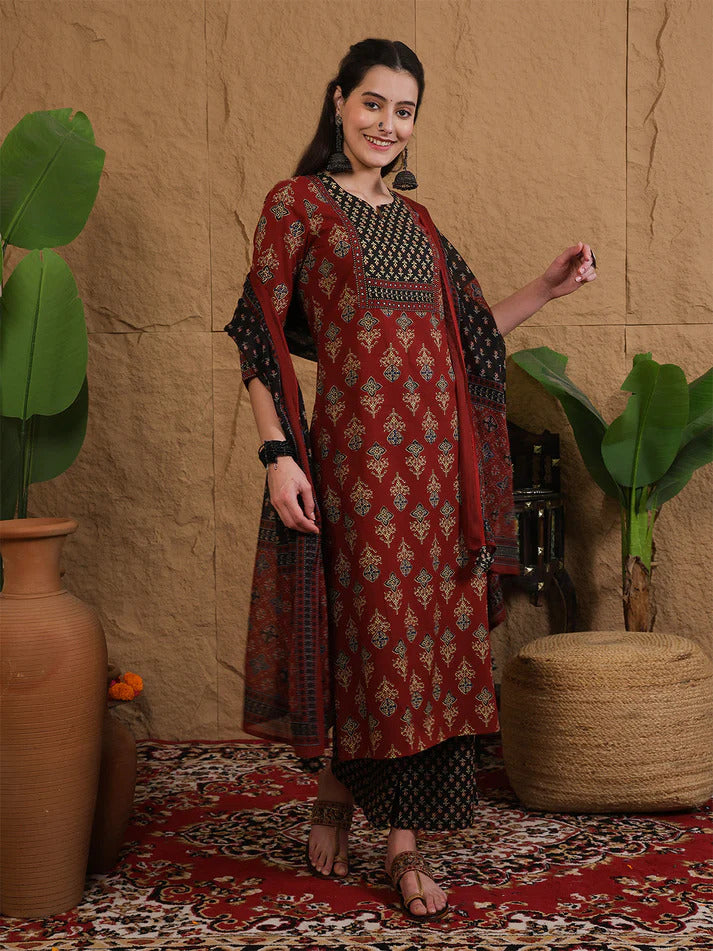 Maroon & Black Printed cotton  Kurti Set
