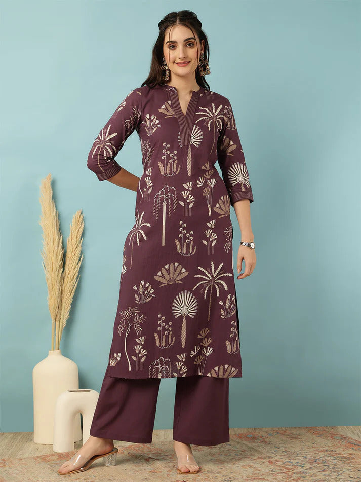 Purple Printed Rayon Kurti Plazoo Set