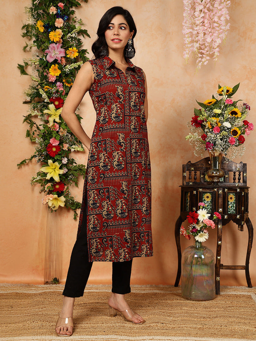Maroon Printed Rayon  Kurti Top