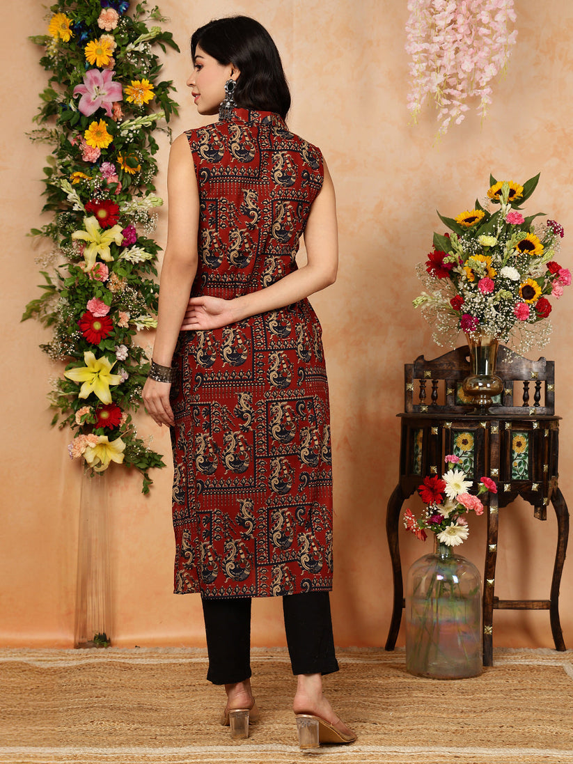 Maroon Printed Rayon  Kurti Top