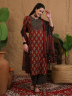 Maroon & Black Printed cotton  Kurti Set