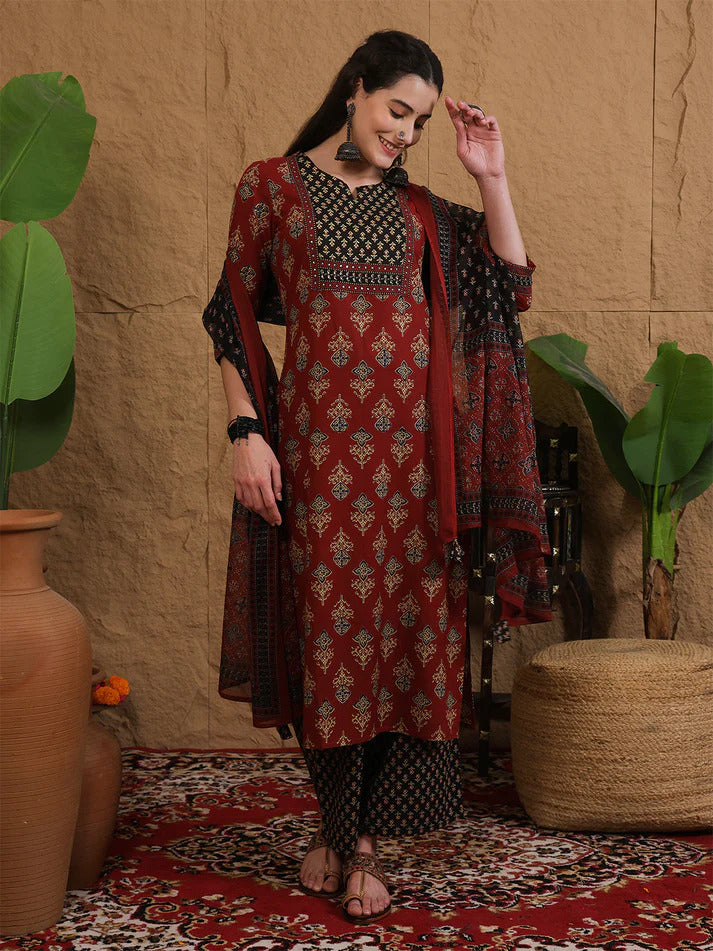 Maroon & Black Printed cotton  Kurti Set