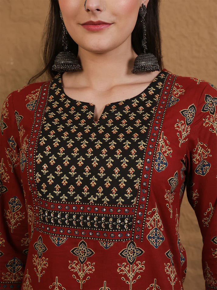 Maroon & Black Printed cotton  Kurti Set