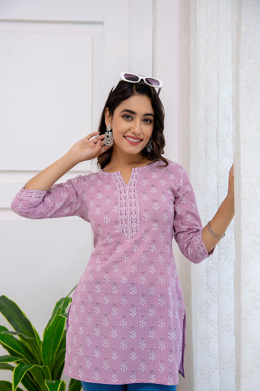Light Purple Printed Soft Cotton Short Kurti Top