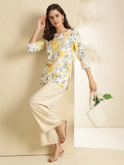 Off whiteYellow Printed Soft Cotton Short Kurti Top