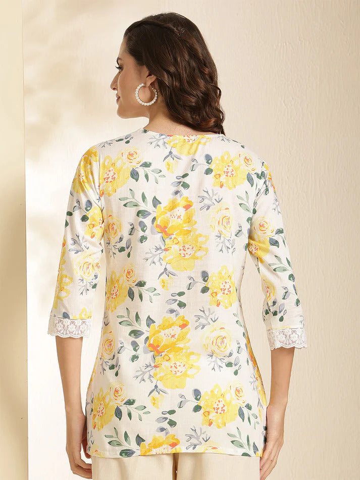Off whiteYellow Printed Soft Cotton Short Kurti Top