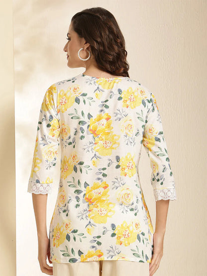Off whiteYellow Printed Soft Cotton Short Kurti Top