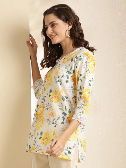 Off whiteYellow Printed Soft Cotton Short Kurti Top