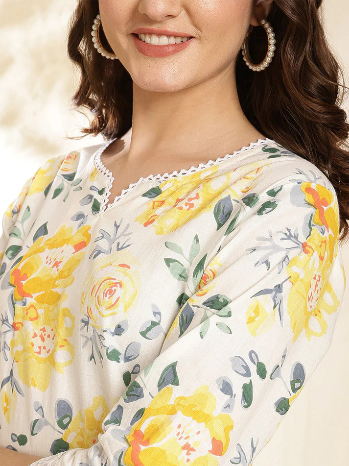Off whiteYellow Printed Soft Cotton Short Kurti Top