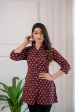 Load image into Gallery viewer, Burgundy Cotton Printed Short Kurti Top

