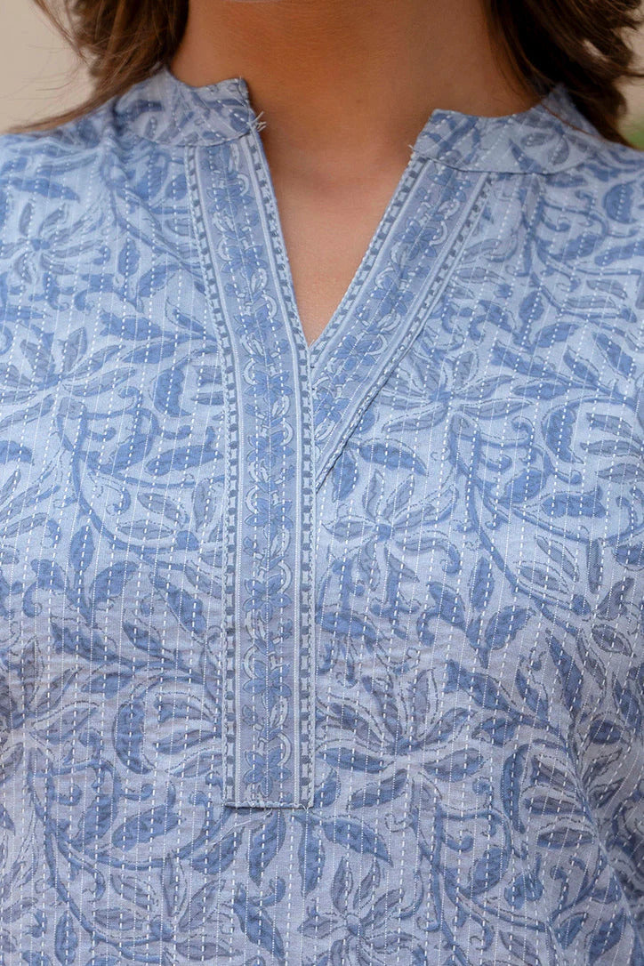 Light Blue Kantha Cotton Printed Short Kurti Top