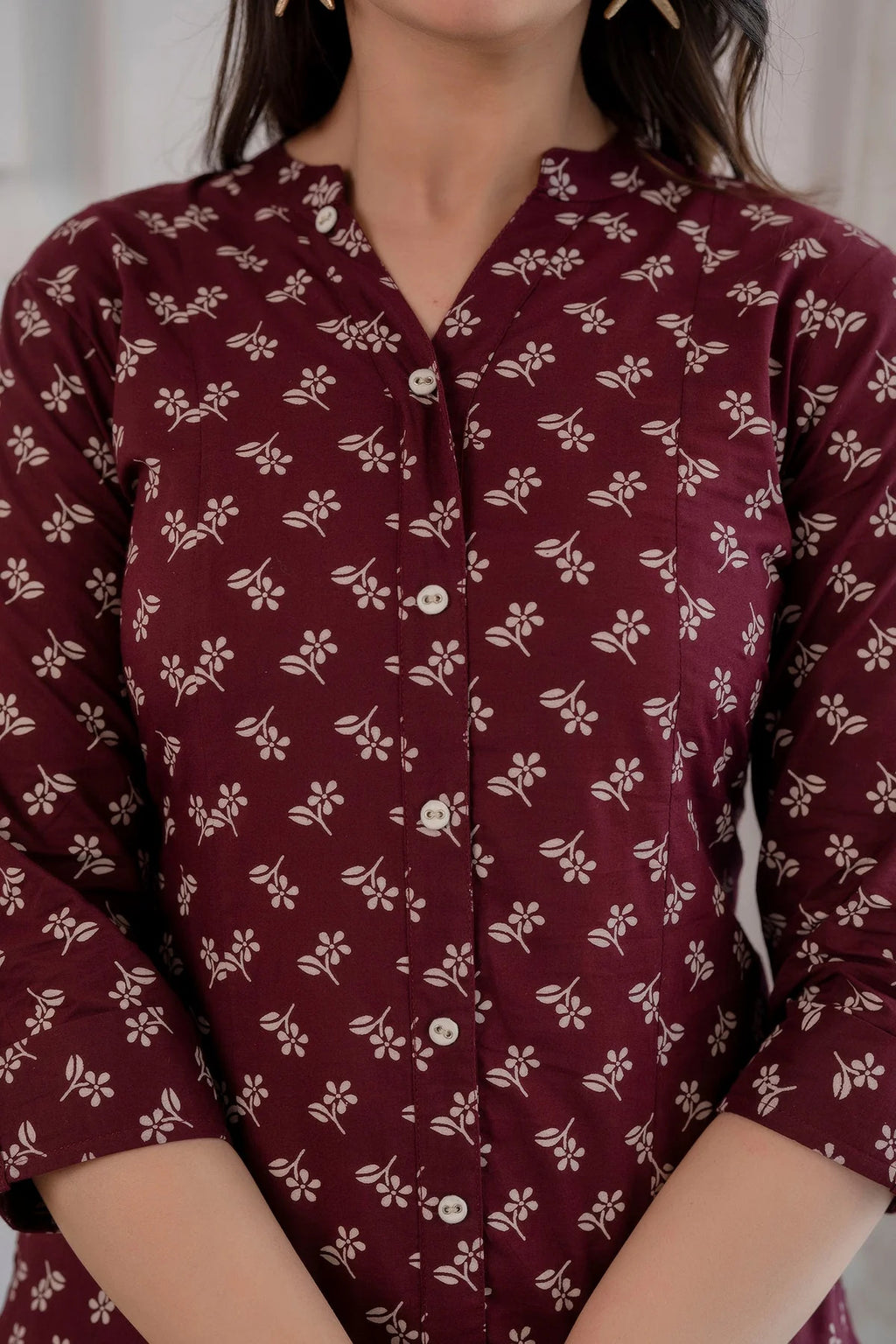 Burgundy Cotton Printed Short Kurti Top