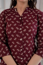 Burgundy Cotton Printed Short Kurti Top