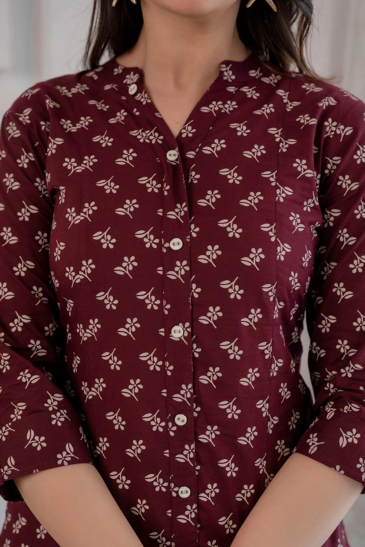 Burgundy Cotton Printed Short Kurti Top