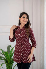 Load image into Gallery viewer, Burgundy Cotton Printed Short Kurti Top
