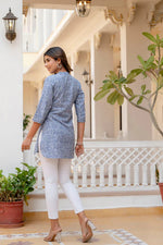 Load image into Gallery viewer, Light Blue Kantha Cotton Printed Short Kurti Top
