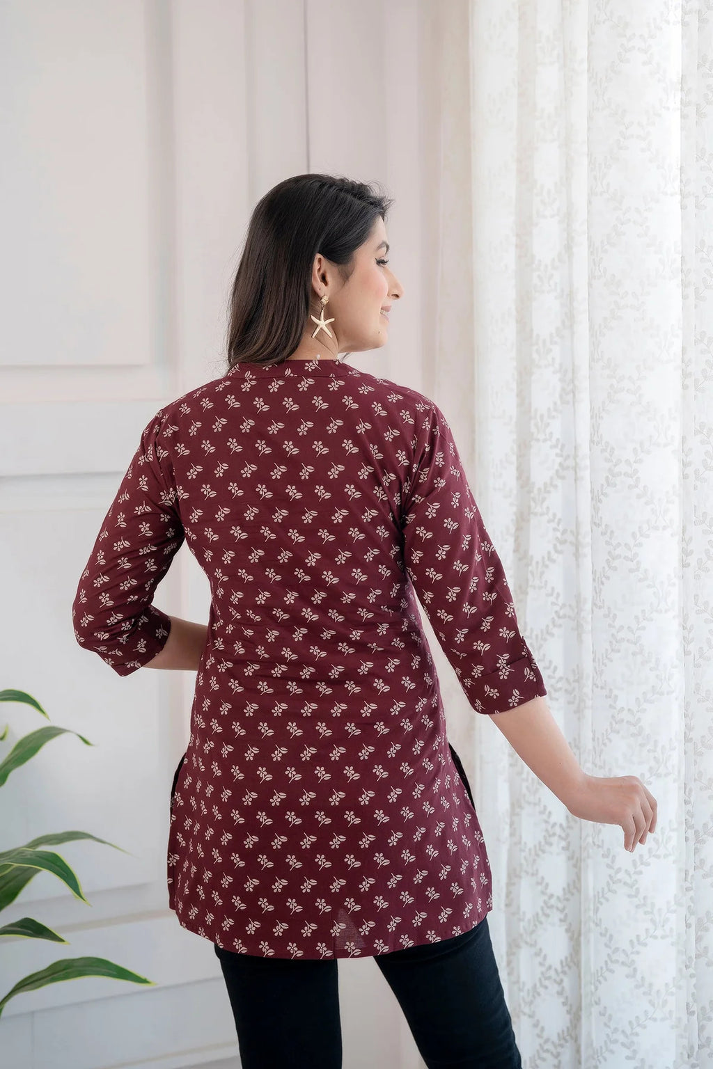 Burgundy Cotton Printed Short Kurti Top
