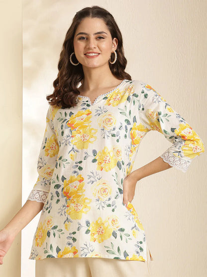 Off whiteYellow Printed Soft Cotton Short Kurti Top
