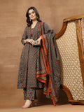 Teal Printed Sequins Embroidered Pure Cotton 3Pcs Kurti Set