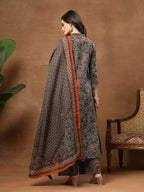 Teal Printed Sequins Embroidered Pure Cotton 3Pcs Kurti Set