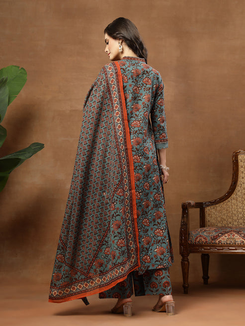 Teal Printed Sequins Embroidered Pure Cotton 3Pcs Kurti Set