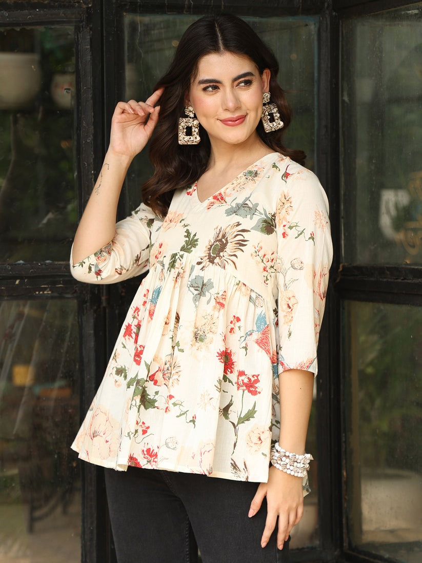 Off White Cotton Floral Printed Top