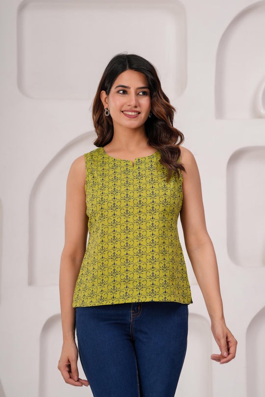 Green Cotton Floral Printed Top