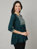 Load image into Gallery viewer, Teal Rayon Embroidered Short Kurti Top
