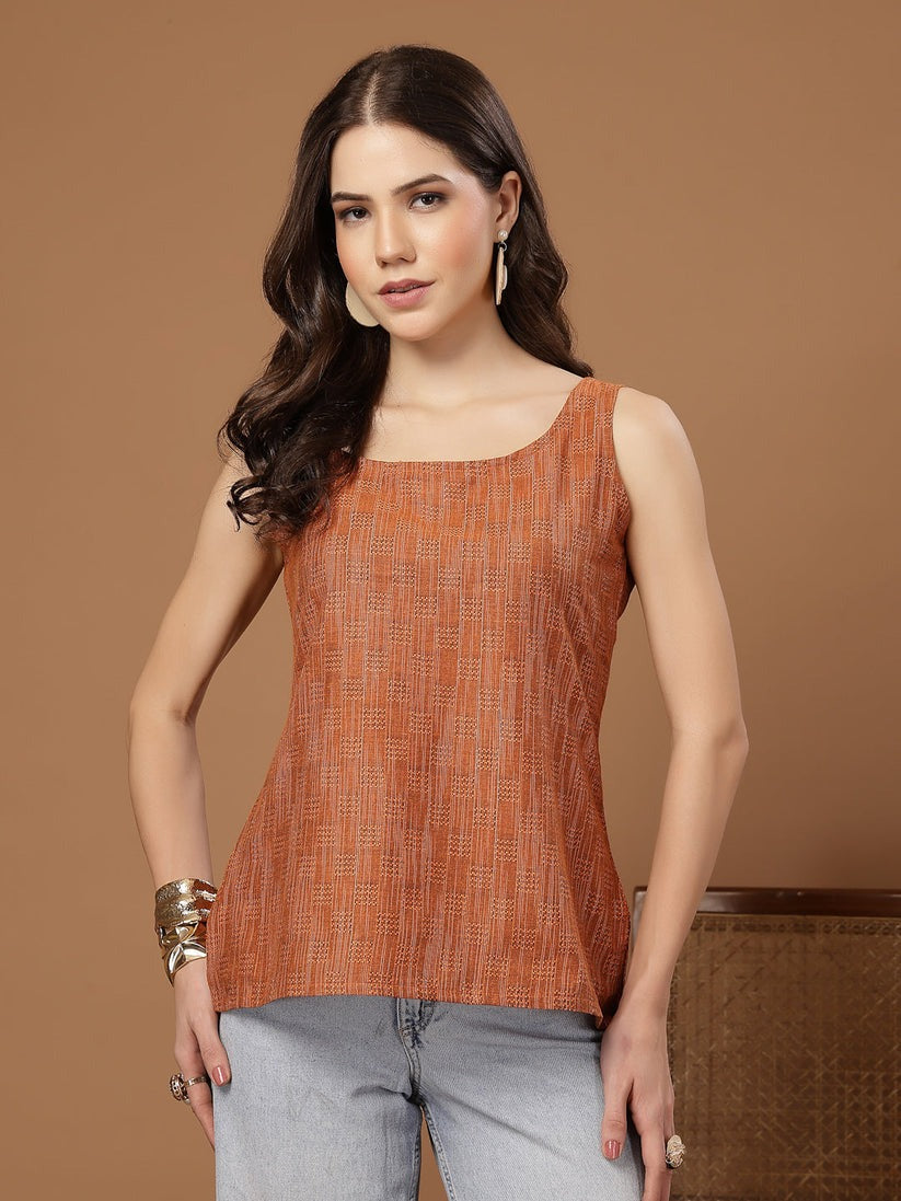 Orange Cotton Geometric Printed Top
