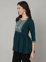 Load image into Gallery viewer, Teal Rayon Embroidered Short Kurti Top
