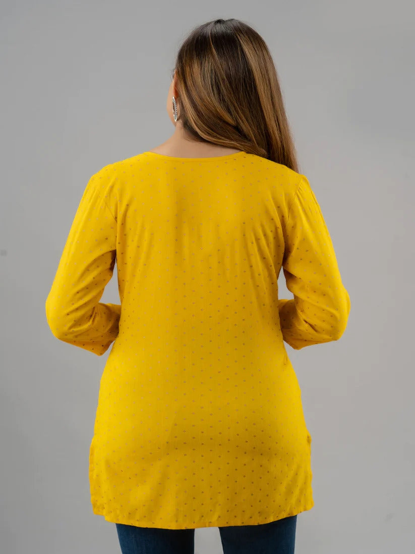 Mustard Yellow Yoke embroidered Rayon short kurti Top