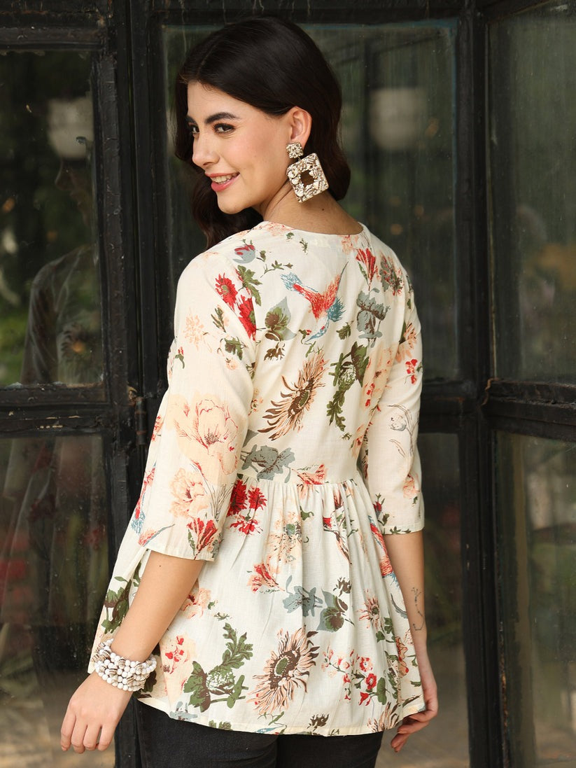 Off White Cotton Floral Printed Top