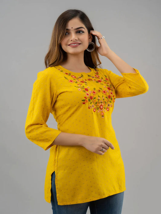Mustard Yellow Yoke embroidered Rayon short kurti Top