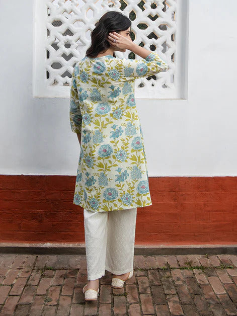 Off white Cotton Floral Printed Short Kurti Top
