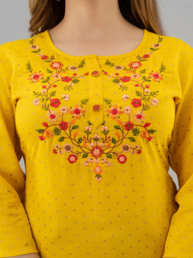 Mustard Yellow Yoke embroidered Rayon short kurti Top