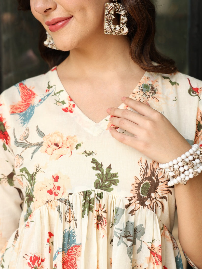 Off White Cotton Floral Printed Top