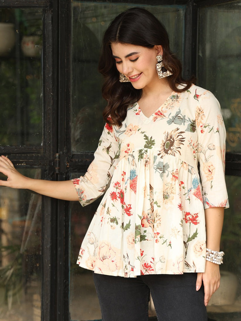 Off White Cotton Floral Printed Top