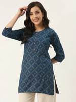 Load image into Gallery viewer, Blue Bandhani Printed Rayon short kurti Top with mirror work
