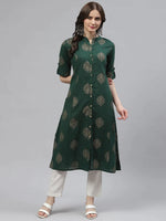 Load image into Gallery viewer, Green Gold Foil Printed Kurti Top
