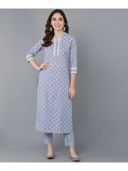 Light Blue  & White Block Printed Cotton Kurti With Pants