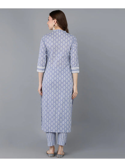 Light Blue  & White Block Printed Cotton Kurti With Pants