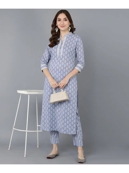 Light Blue  & White Block Printed Cotton Kurti With Pants
