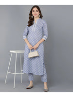 Load image into Gallery viewer, Light Blue  &amp; White Block Printed Cotton Kurti With Pants
