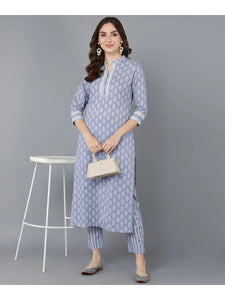 Light Blue  & White Block Printed Cotton Kurti With Pants