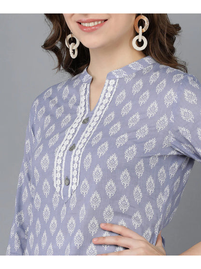 Light Blue  & White Block Printed Cotton Kurti With Pants