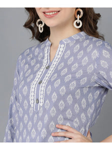 Light Blue  & White Block Printed Cotton Kurti With Pants