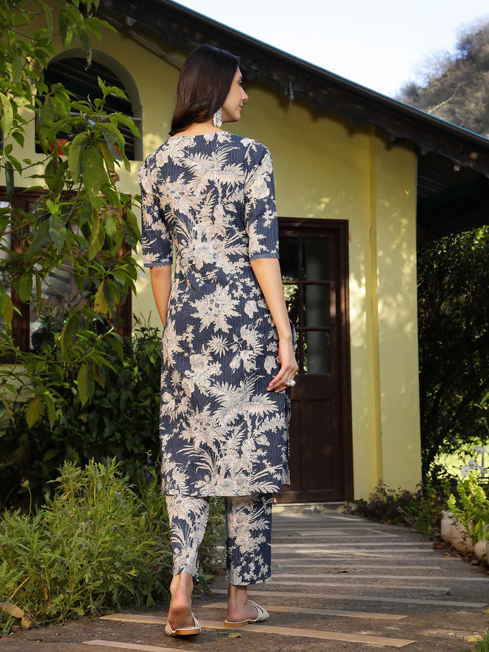 Blue Tropical Printed Kantha  Cotton Co-Ord Set