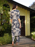 Blue Tropical Printed Kantha  Cotton Co-Ord Set