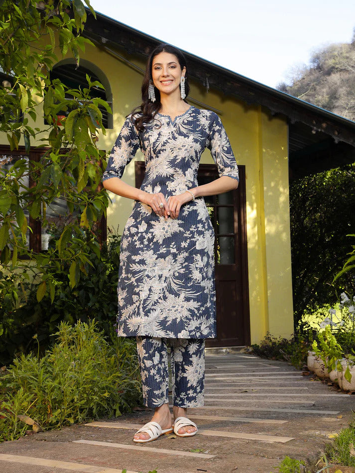 Blue Tropical Printed Kantha  Cotton Co-Ord Set