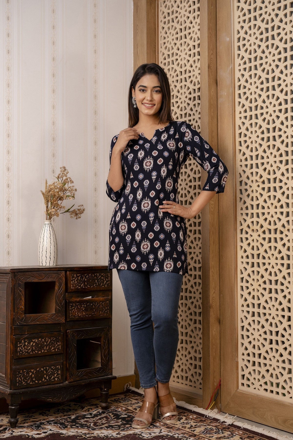 Black Printed Rayon Short kurti Top